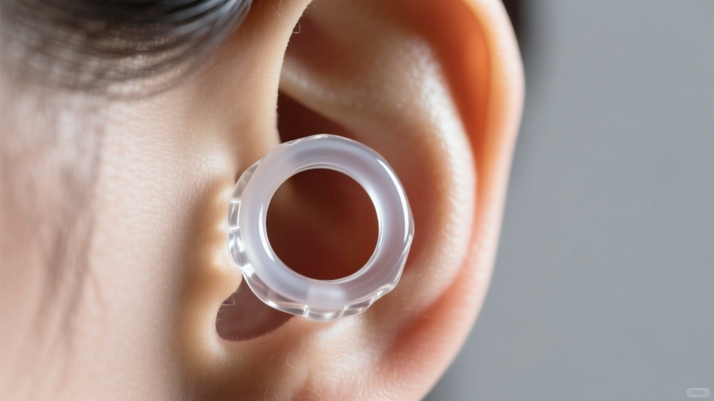Macro shot of a clear glass retainer with a transparent O-ring resting on a clean earlobe against a soft grey background