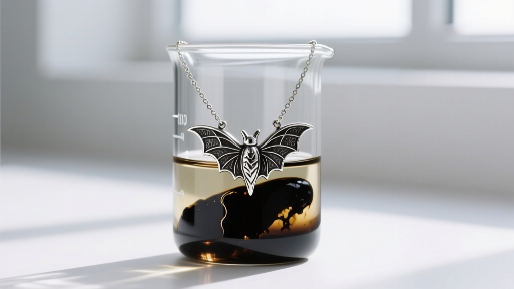 Beaker with liver of sulfur solution and a silver bat necklace submerged, showing deep black oxidation in the carved recesses.