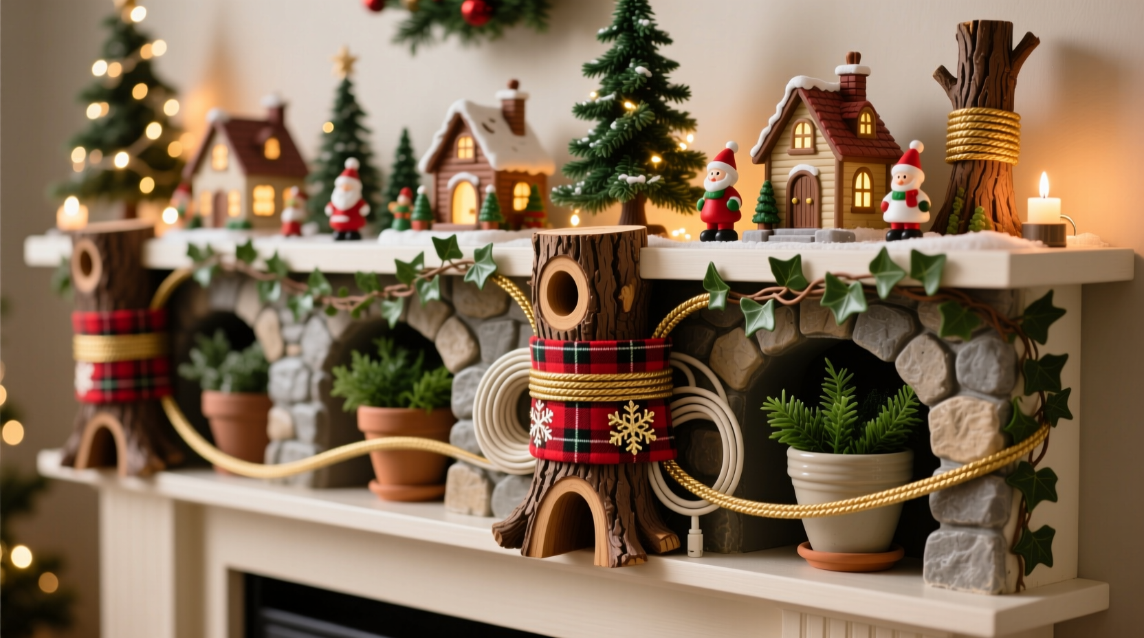 how to hide cords from christmas village displays on mantels and shelves