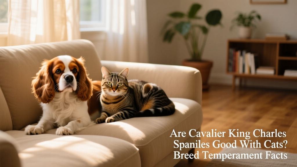 A calm Cavalier King Charles Spaniel sitting beside a relaxed tabby cat on a sunlit sofa