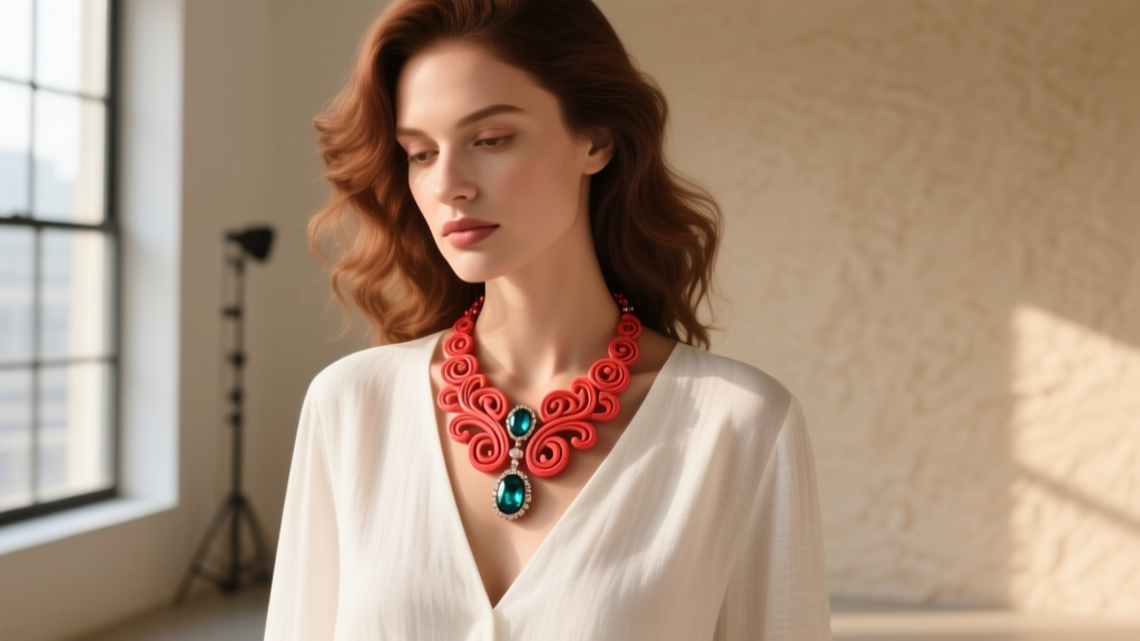Woman wearing a bold red coral statement necklace over a white linen V-neck blouse, soft natural lighting, elegant