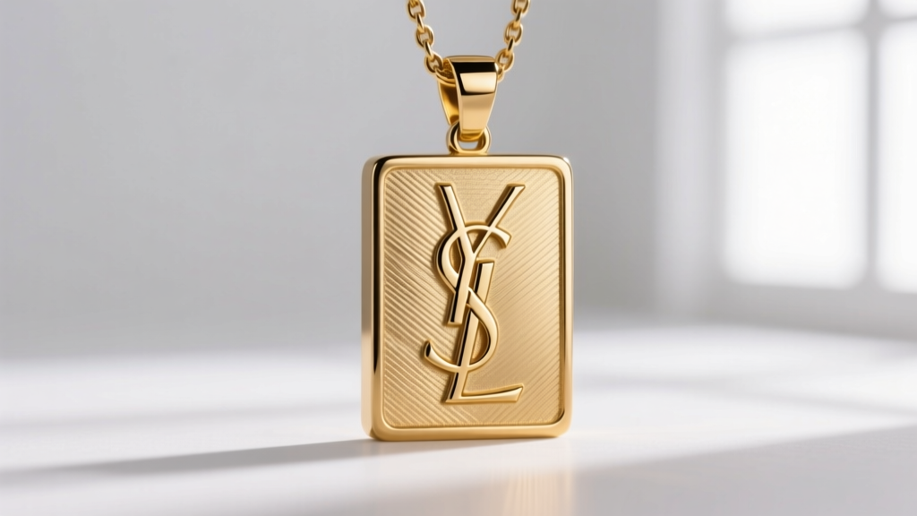 Close-up macro shot of a YSL gold-plated brass Cassandre pendant showing brushed metal texture and subtle embossed branding details
