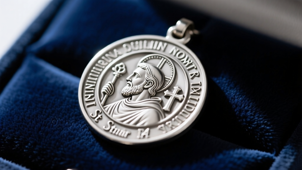 Macro shot of a sterling silver St Benedict medal on dark navy velvet, soft lighting highlighting intricate relief details.