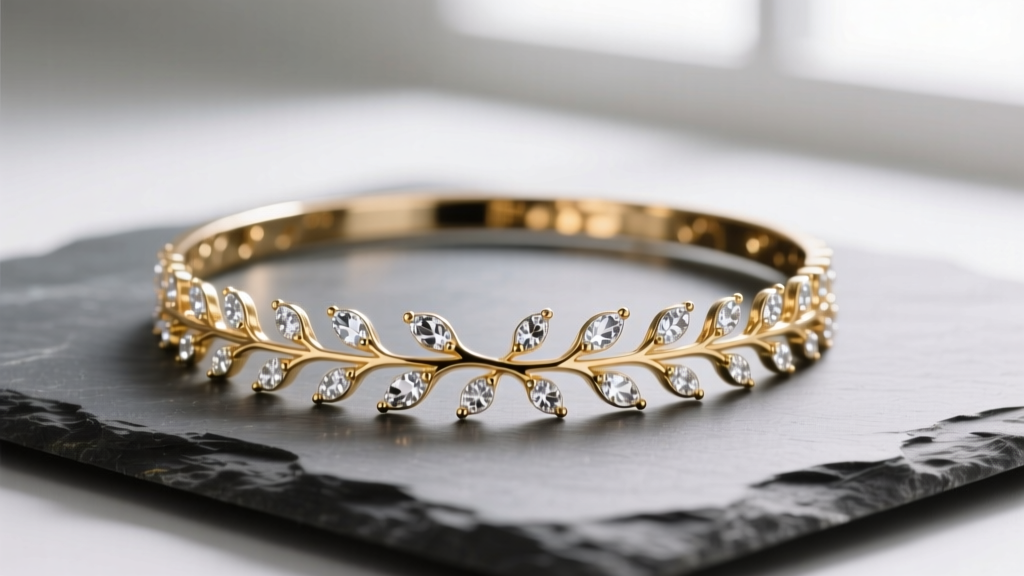 Alexis Bittar Solanales crystal skinny collar necklace on slate, showing gold botanical motifs and pavé crystals.