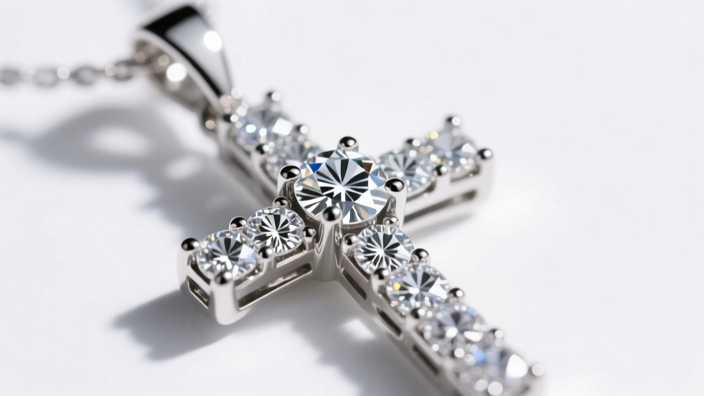 Macro shot of a diamond cross pendant showing prong settings and small melee diamonds under bright jewelry loupe lighting.