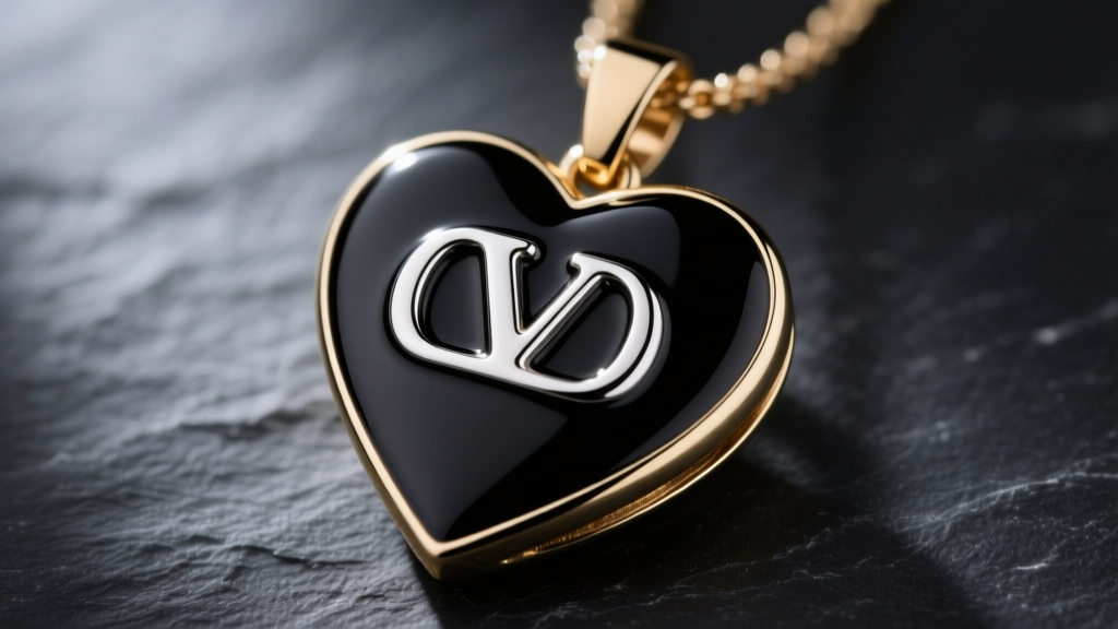 Macro shot of a Valentino brass heart pendant with black cold enamel and palladium-plated VLogo on dark slate.