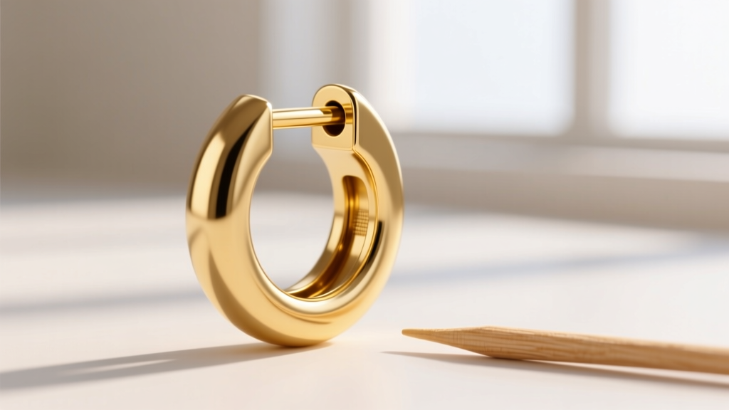 Macro view of a gold hoop earring clicker hinge, showing the interlocking post and catch groove next to a wooden toothpick.