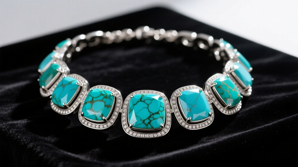 Polished Kingman turquoise collar necklace resting on dark velvet, featuring large stones set in heavy sterling silver bezels.