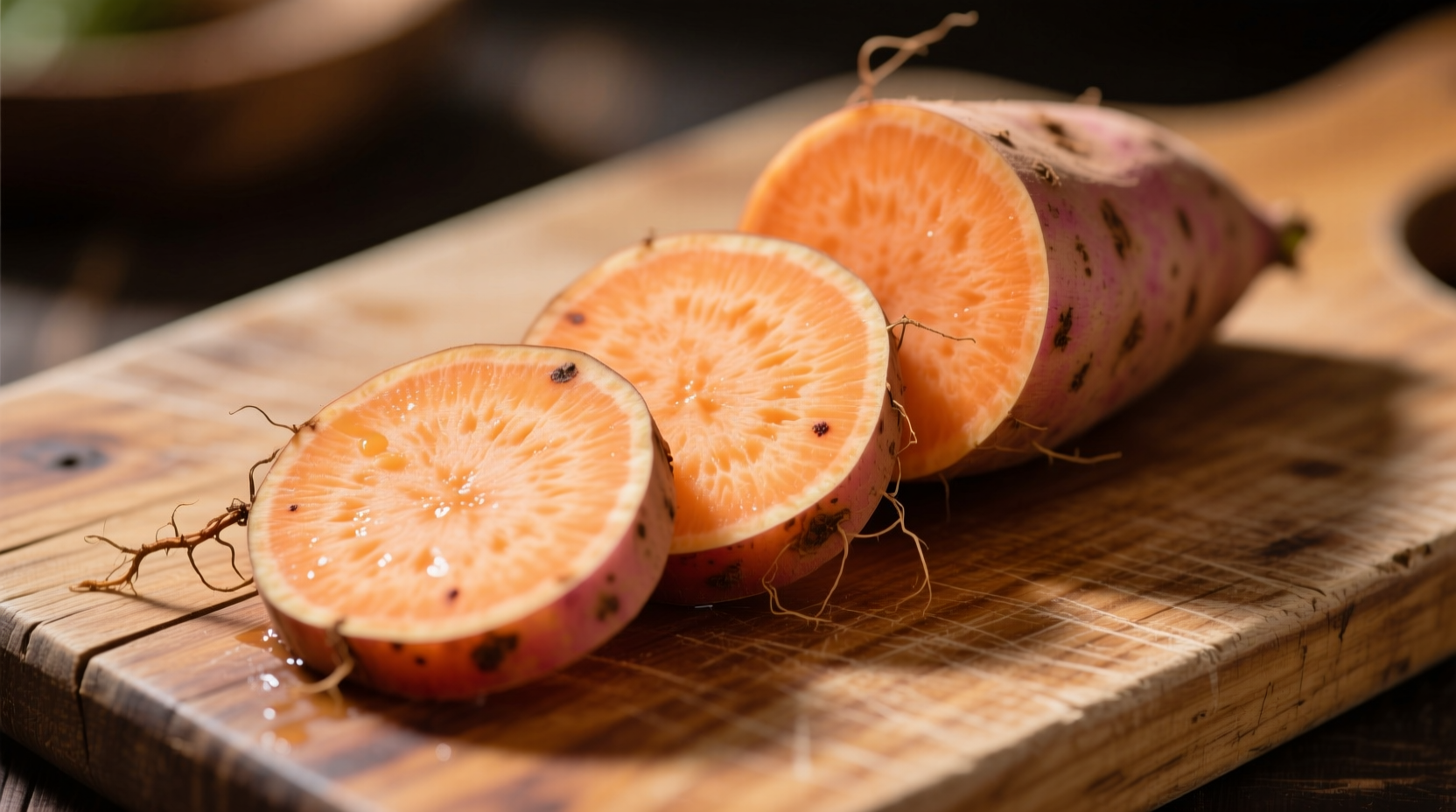 Raw sweet potato slices on wooden cutting board