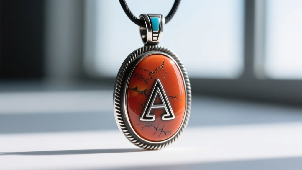 Macro shot of a stamped sterling silver hallmark on a Zuni coral pendant, showing sharp tool marks and oxidized silver patina.