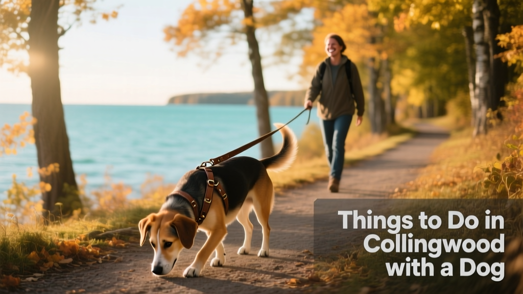 A scenic dog-friendly walking trail along Georgian Bay with trees, lake views, and a dog on leash exploring