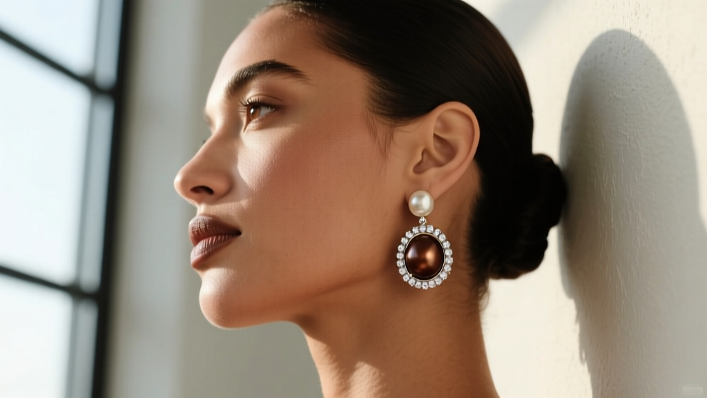 Woman wearing 10mm chocolate pearl drop earrings with white gold diamond halos, showing high contrast against her warm skin tone.