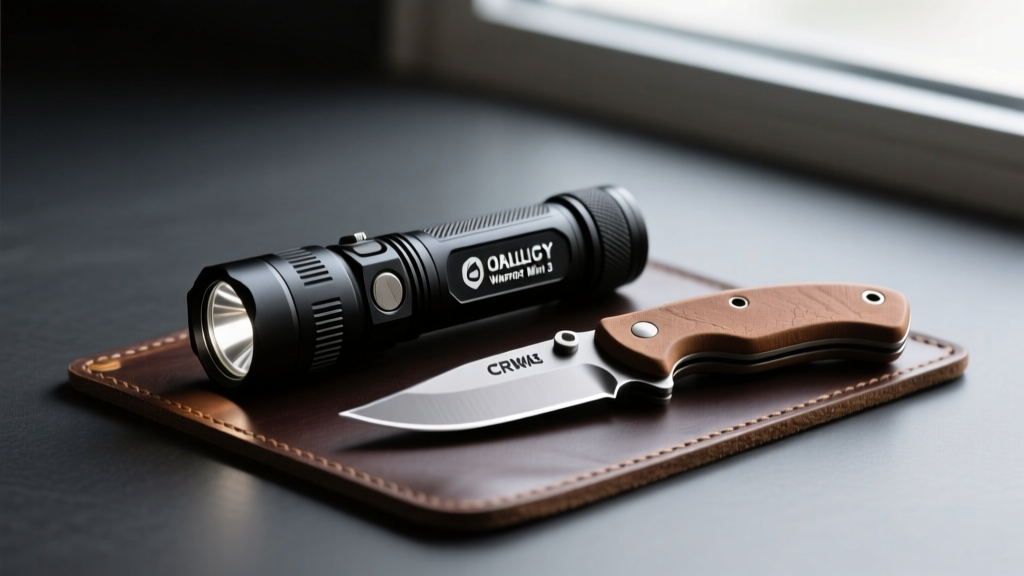 Matte black Olight Warrior Mini 3 flashlight and CRKT Provoke Earth karambit knife resting on a dark walnut everyday carry leather mat