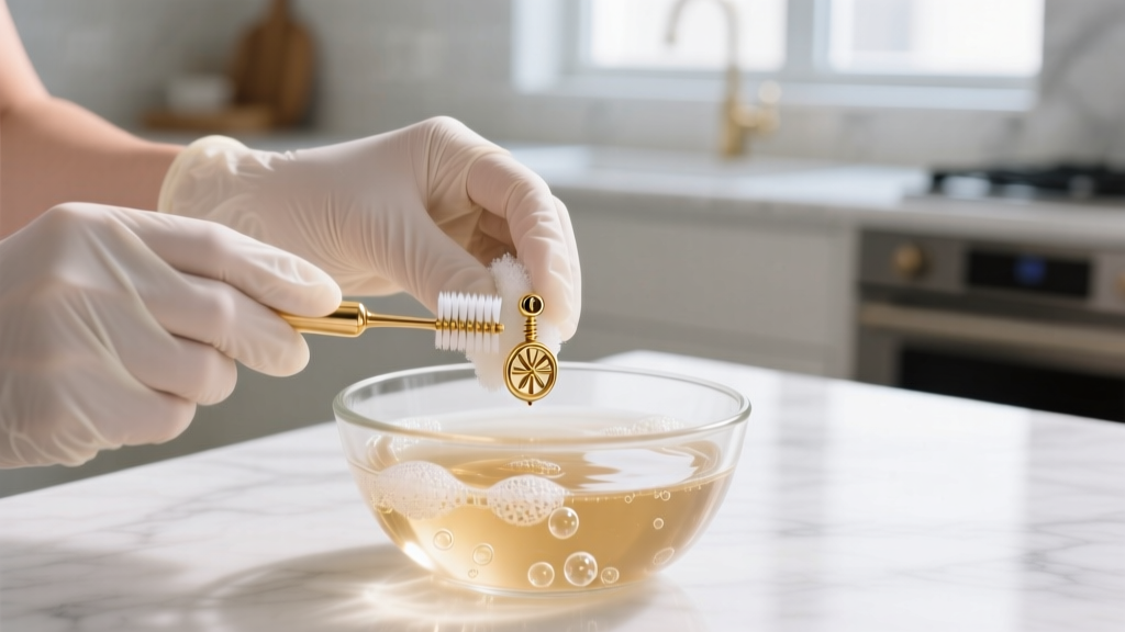 Hands in nitrile gloves gently scrubbing an 18k gold screw earring with a soft baby toothbrush in a bowl of warm soapy water.