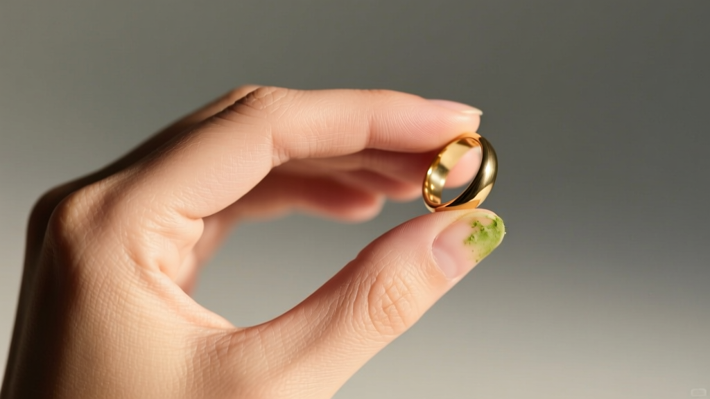 Close-up of a finger showing a faint green tint from a removed 10k gold band, held between two fingers under bright, soft light.