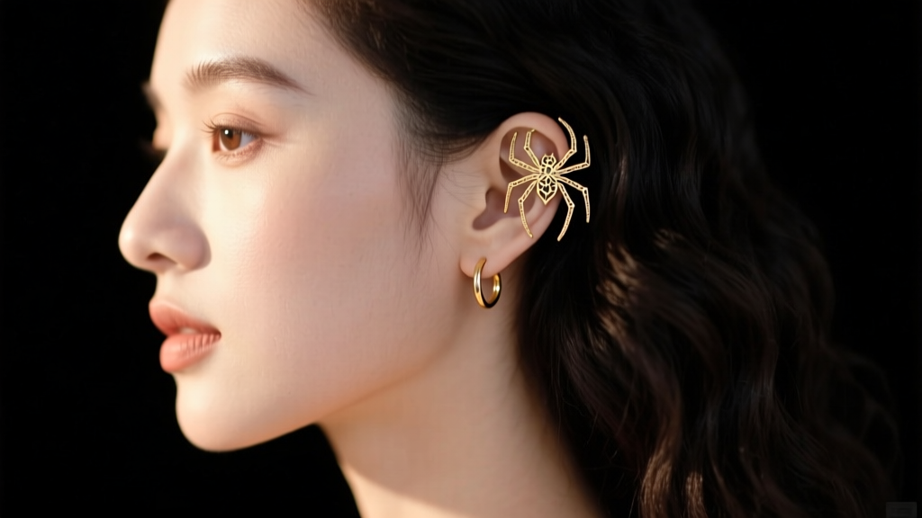 Side profile of a model wearing a gold spider ear cuff on the helix and small hoop, dark background, editorial lighting.