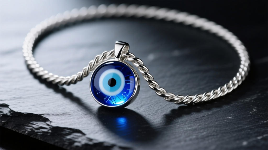Close-up of a 925 sterling silver rope chain with a blue glass evil eye pendant on dark slate under soft directional lighting.
