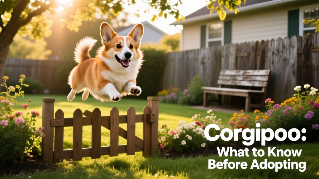 A happy, energetic Corgipoo mid-play in a sunlit backyard