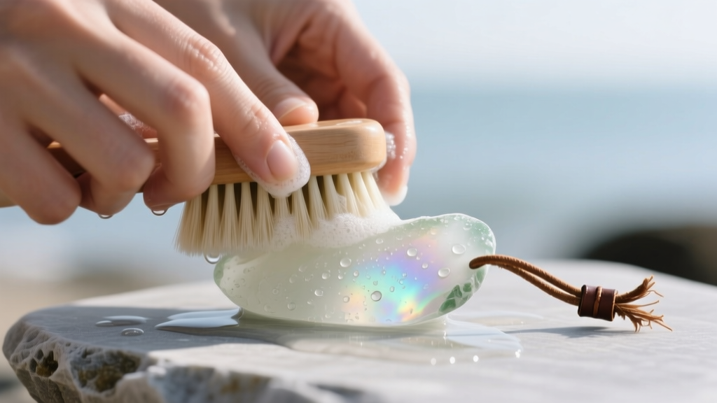 Hands gently scrubbing frosted sea glass with a soft brush and soapy water, carefully avoiding the attached damp leather cord.