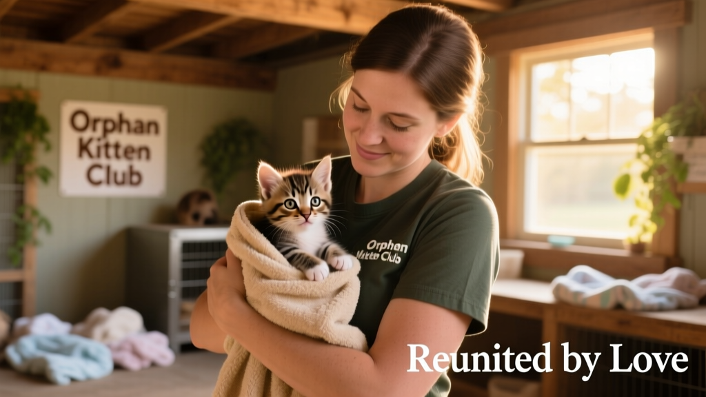 A volunteer holding a tiny, alert kitten wrapped in a warm towel