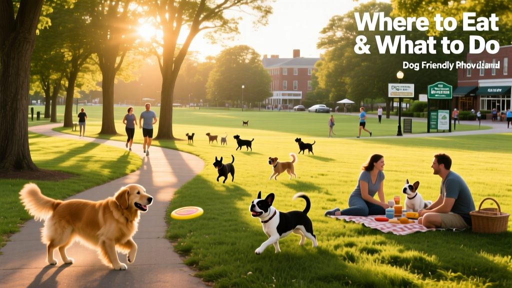 A sunny dog park with shaded trails and open green space in Providence
