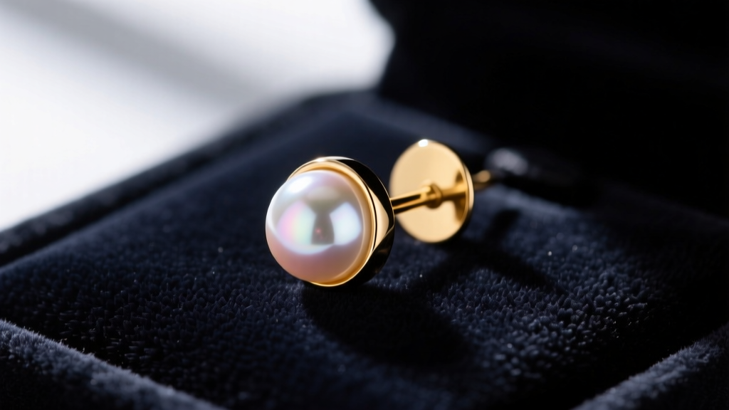 Close-up of a 20-gauge 14k gold post with a wide cup backing, supporting an 8mm pearl stud earring on a dark velvet display pad.