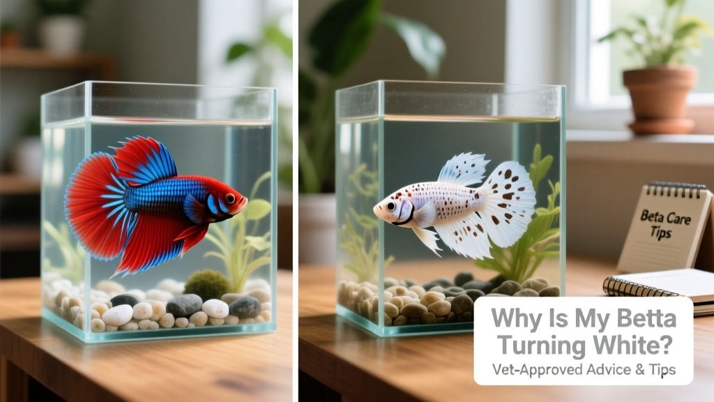 Side-by-side comparison: healthy betta with vivid red/blue hues versus same variety showing patchy whitening and clamped fins