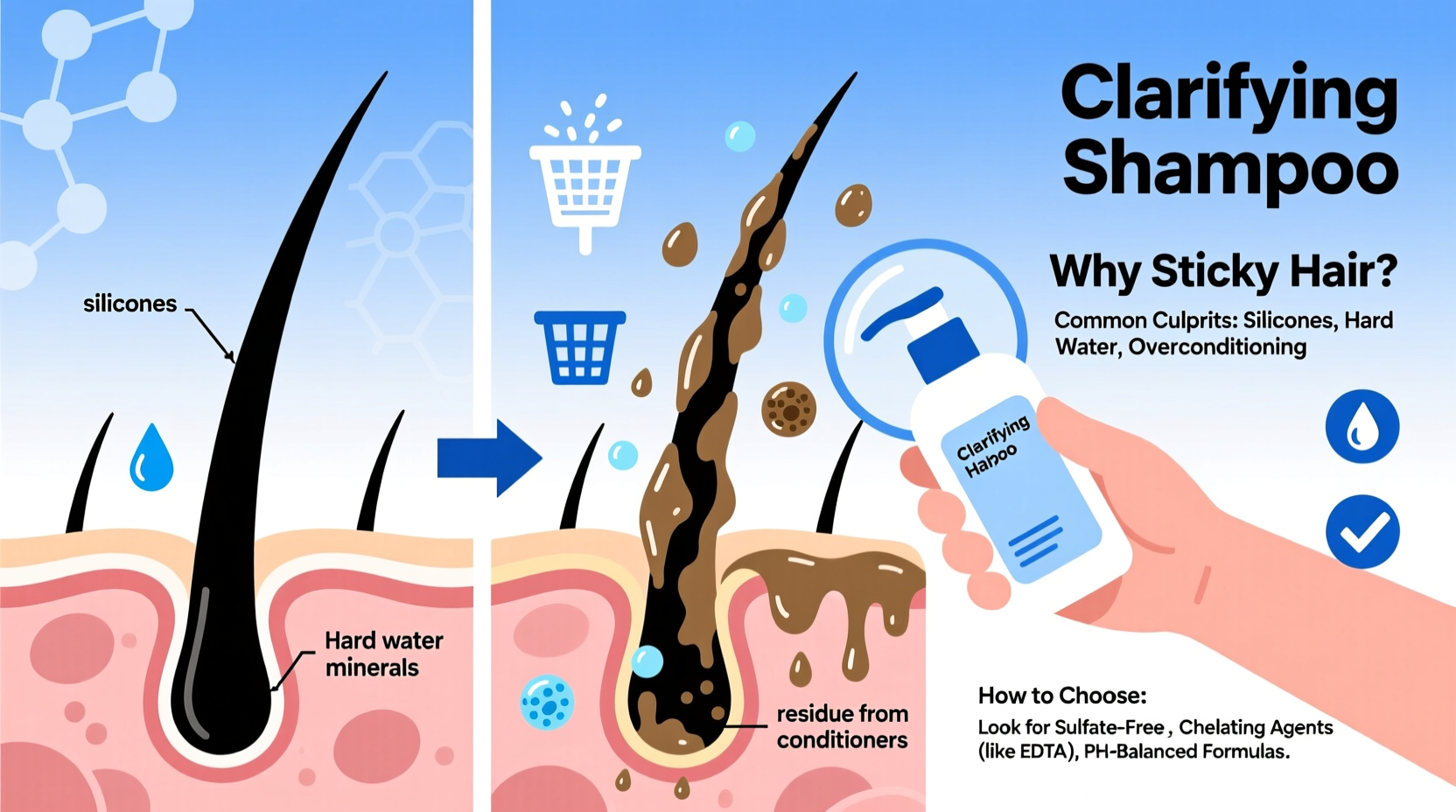 why does my hair feel sticky after washing and how to choose the right clarifying shampoo