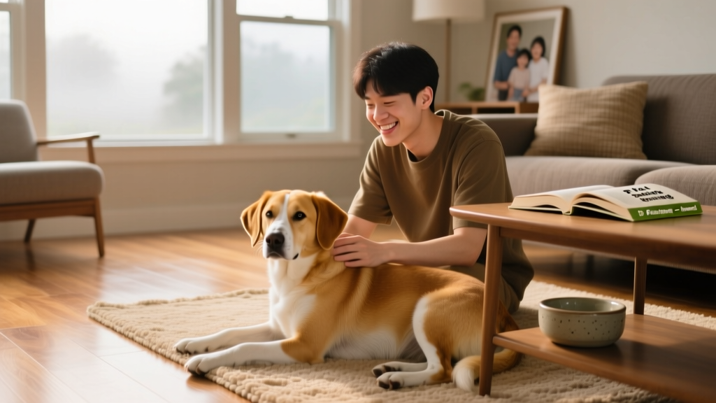 A smiling person gently petting a calm, medium-sized dog in a sunlit living room
