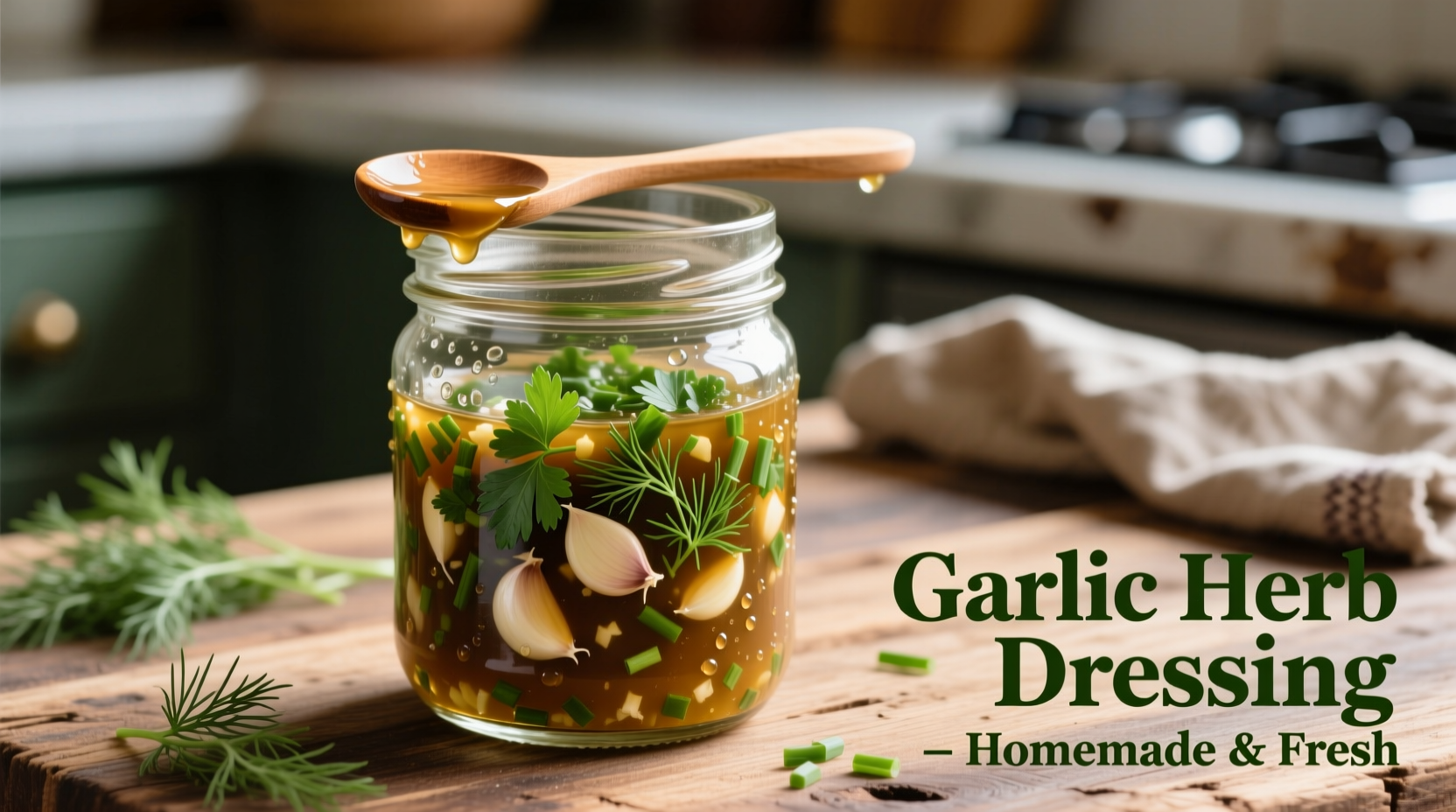 Homemade garlic dressing in mason jar with herbs