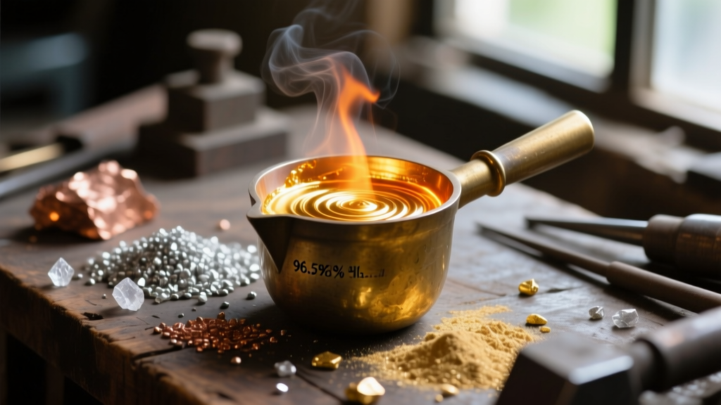 Macro shot of a goldsmith workbench showing raw copper and silver grains beside a crucible of molten 96.5 percent Thai gold alloy.