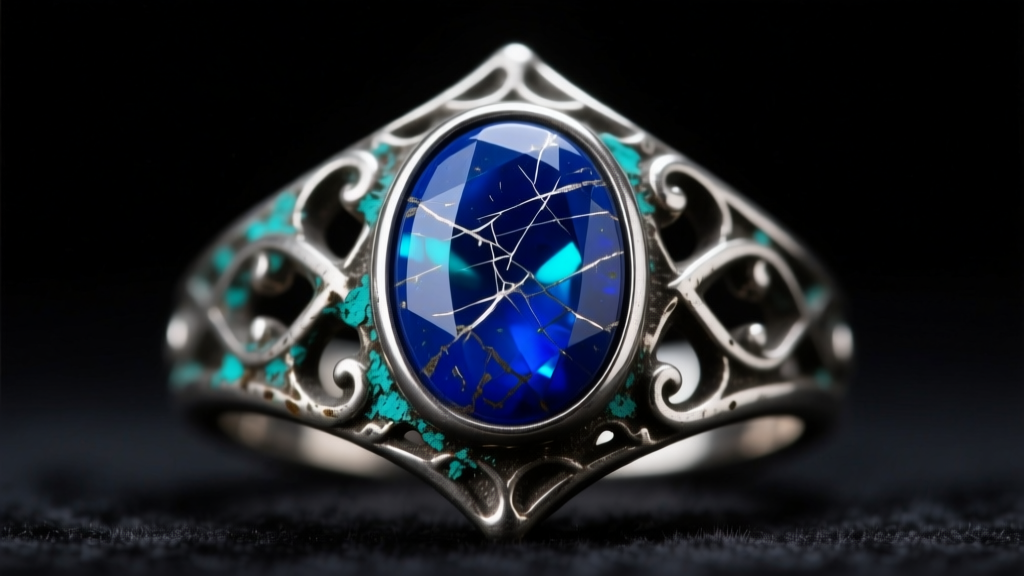 Macro shot of scratched oxidized silver gothic ring with dark blue lapis lazuli stone, illuminated by moody studio lighting