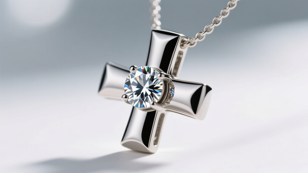 Side profile of bezel-set diamond cross necklace showing smooth metal rim securing large center stones against blurred background