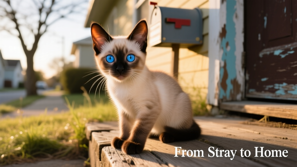 Close-up of a flame point Siamese kitten with bright blue eyes and gentle expression