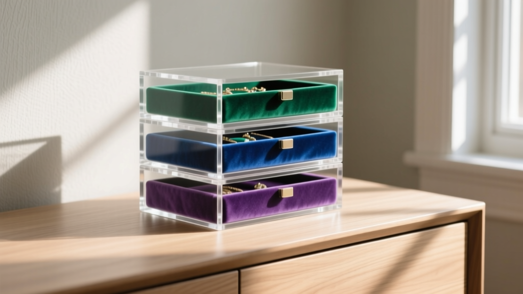 Stacked clear cast acrylic jewelry box drawers with velvet inserts resting on a modern oak dresser in bright morning light.