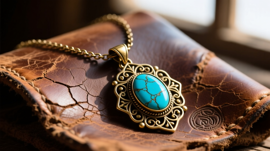 Close-up of a vintage brass and turquoise pendant necklace resting on weathered leather, evoking an 1899 Western aesthetic.