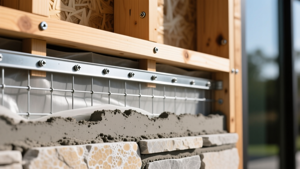 Close-up cross-section of thin stone veneer installation showing mortar, metal lath, and weather-resistive barrier on exterior wood framing