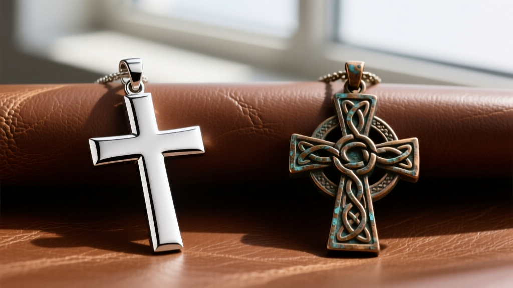 Side-by-side comparison of a minimalist polished silver cross and an oxidized Celtic cross pendant resting on worn brown leather.