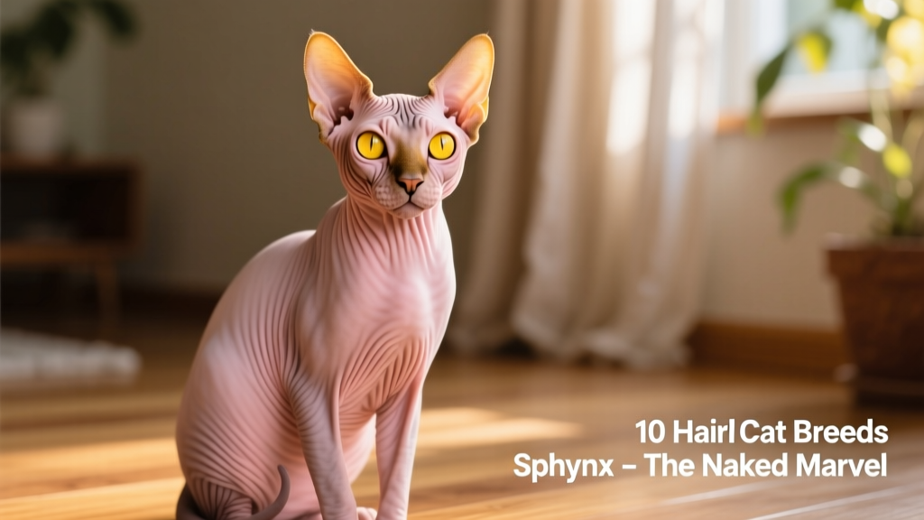 A close-up of a Sphynx cat sitting upright, showing its wrinkled pink skin and large lemon-shaped eyes