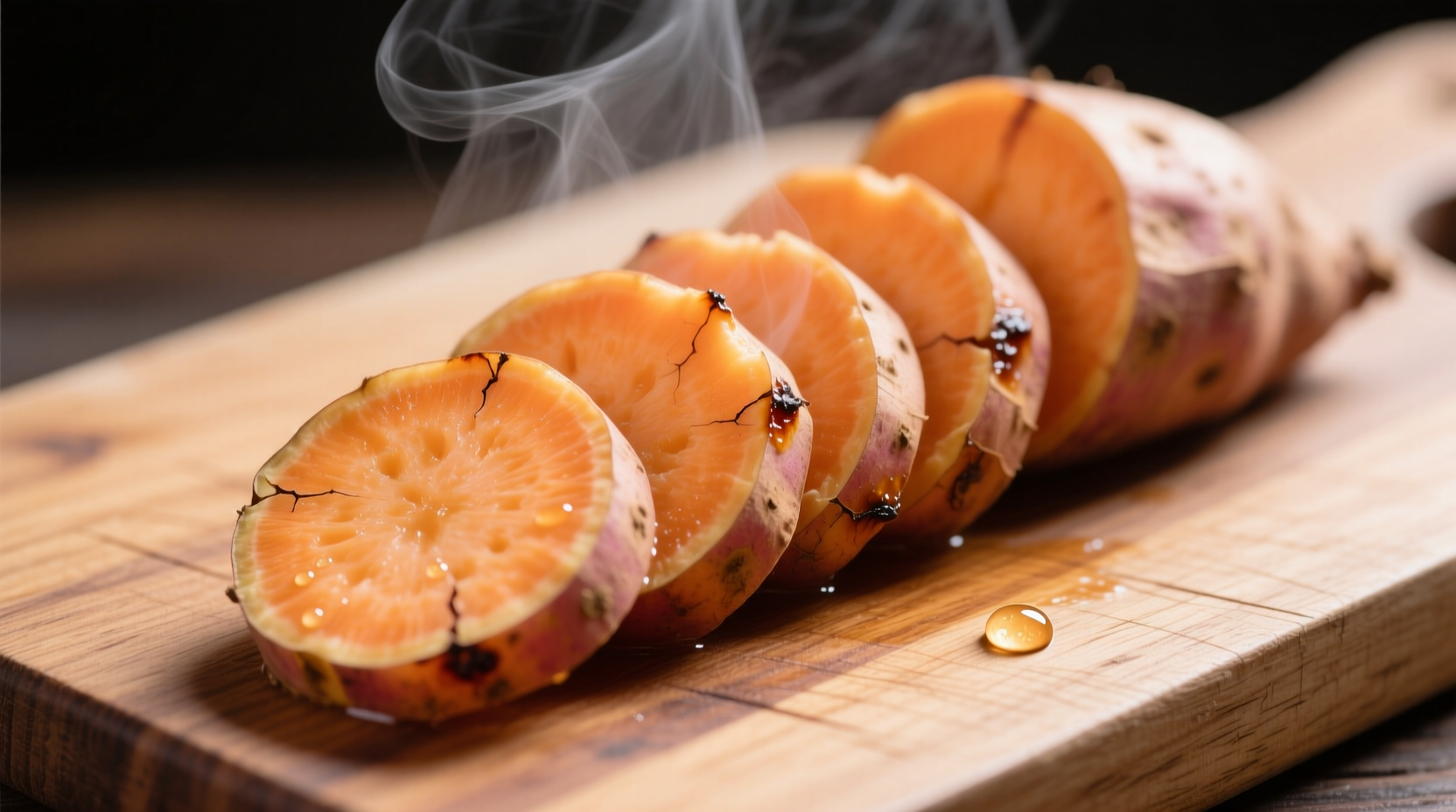 Boiled sweet potato slices on wooden cutting board
