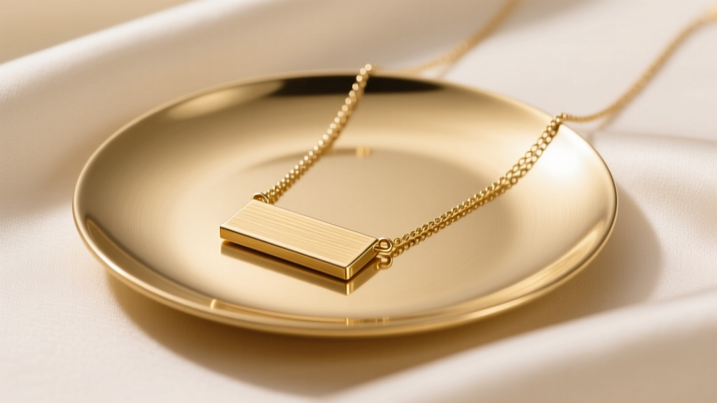 14k gold rectangular plate necklace on cream silk, showing brushed metal finish and cable chain under bright studio light.
