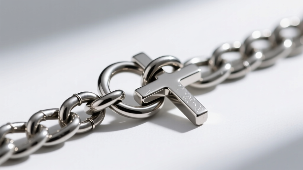 Macro shot of a solid lobster clasp and soldered jump ring connecting a bold 5mm stainless steel Cuban chain to a cross bail.