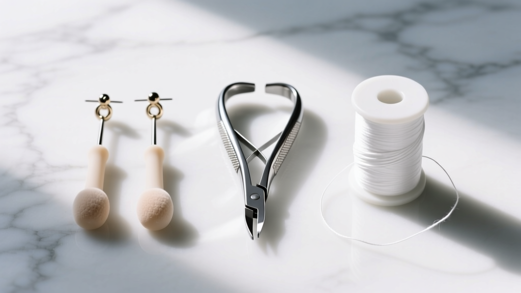 Flat lay of earring removal tools including rubber grippers, a steel hemostat, and white dental floss on a clean marble surface