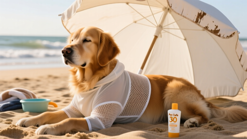 A golden retriever relaxing in dappled shade under a beach umbrella, wearing lightweight sun-protective gear