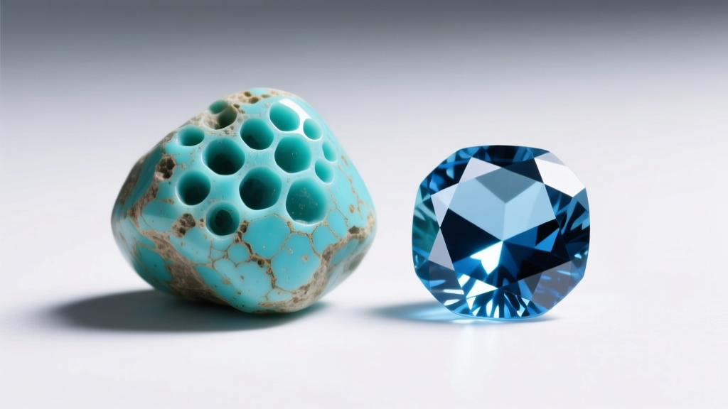 Macro shot of porous turquoise beside a faceted sapphire, highlighting surface texture differences under bright studio lighting.