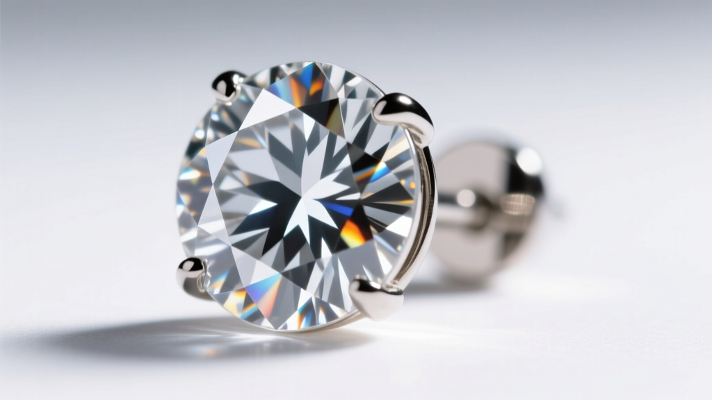 Extreme macro close-up of a round brilliant cut diamond mens stud earring showing sharp light contrast and precise facet symmetry.