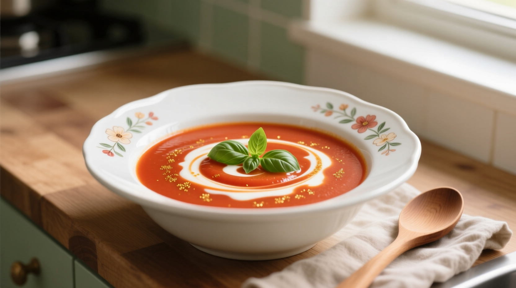 Creamy tomato soup with coconut milk in white bowl
