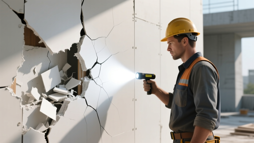 Cross-section of damaged drywall showing white calcium sulfate core and torn paper facing inspected by a contractor holding an LED flashlight