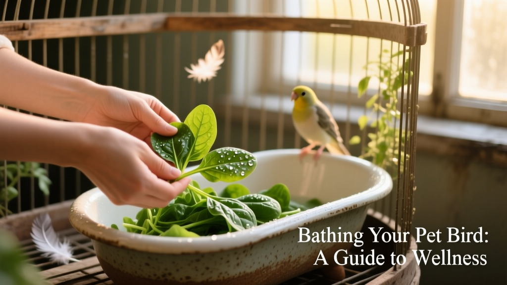 A pair of hands gently placing fresh, dewy spinach leaves beside a ceramic bath dish inside a spacious bird cage