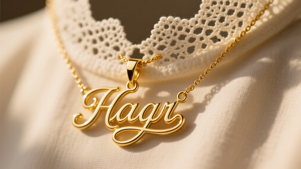 Gold vermeil script pendant on vintage lace, warm lighting highlighting the delicate engraving and fine cable chain links.